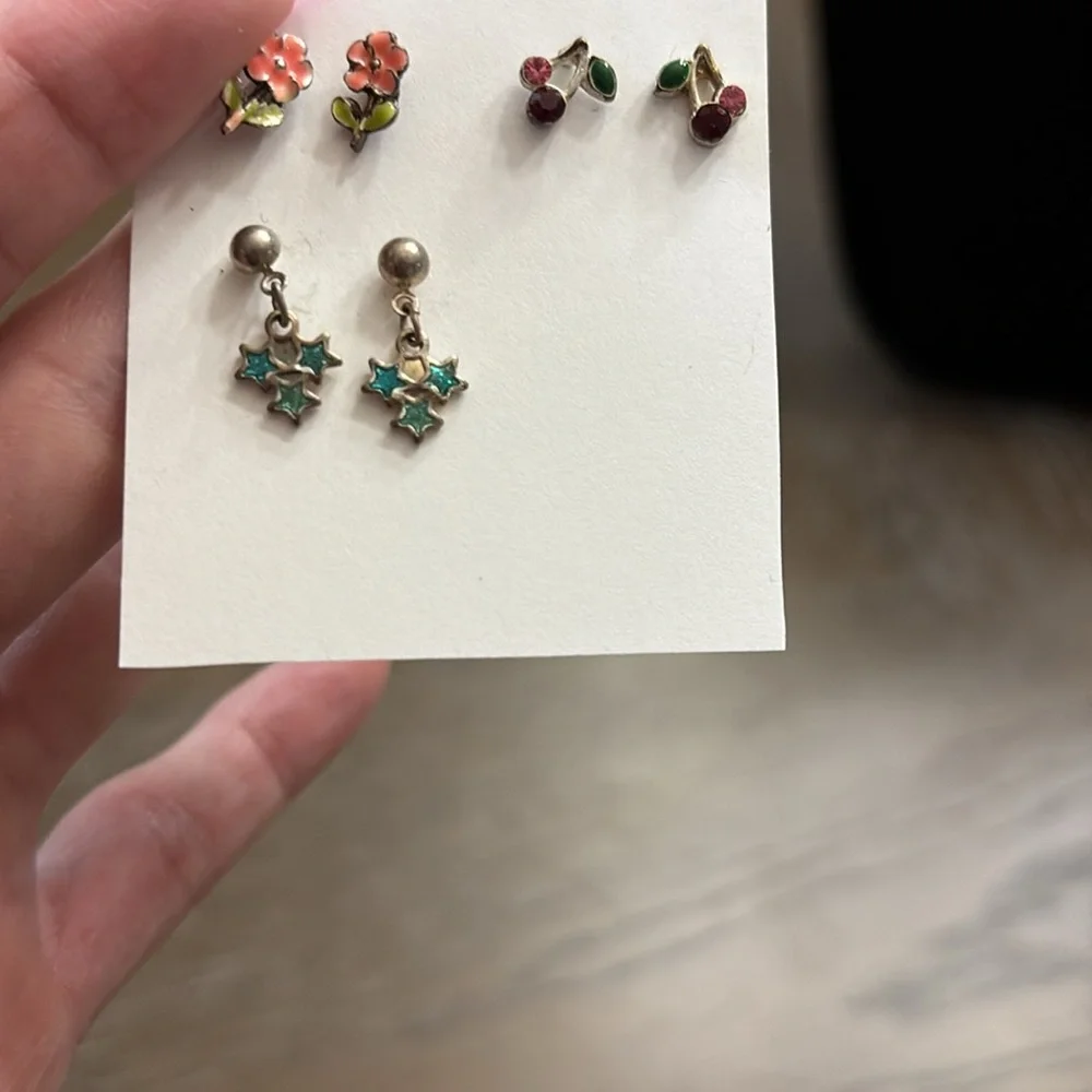 Vintage set of small cherries, blue stars, & pink flowers pierced earrings